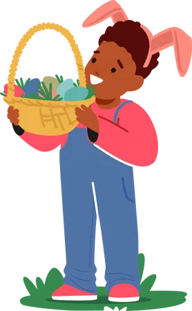 Little Boy Wearing Rabbit Ears Holding Basket Full Of Colorful Easter Eggs Joy And Innocence Of Childhood Concept For For Easter Promotions Family Related Content Cartoon People Vector Illustration Illustration