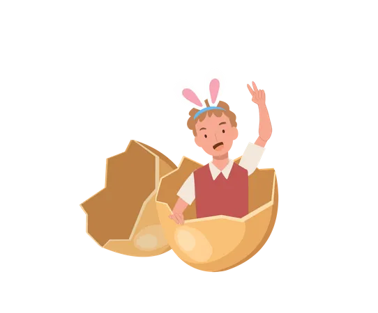 Little boy with bunny ears in the egg shell  Illustration