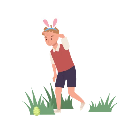 Little boy with bunny ears is finding ,hunting an easter egg  Illustration