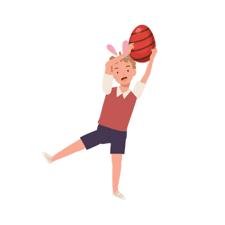 Little boy with bunny ears is happy to found a Big Easter egg, holding big easter egg upper head  Illustration