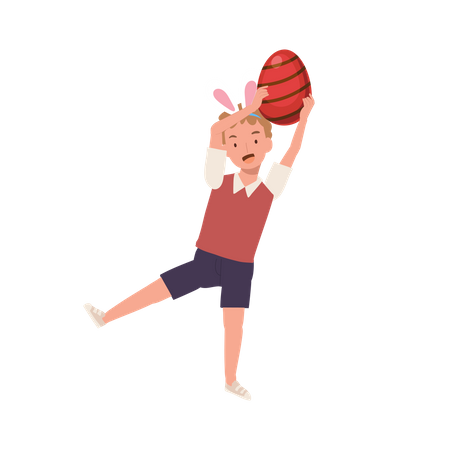 Little boy with bunny ears is happy to found a Big Easter egg, holding big easter egg upper head  Illustration