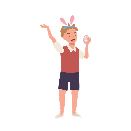 Little boy with bunny ears is happy to found an Easter egg  Illustration