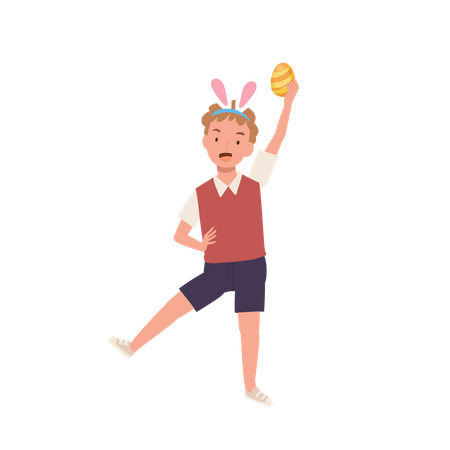 Little boy with bunny ears is happy to found an Easter egg  Illustration