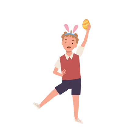 Little boy with bunny ears is happy to found an Easter egg  Illustration