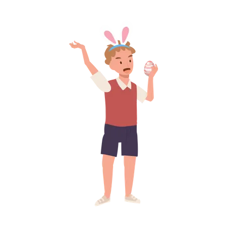 Little boy with bunny ears is happy to found an Easter egg  Illustration