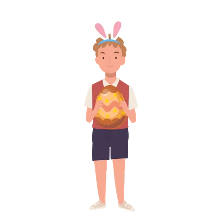 Little boy with bunny ears is holding a big Easter egg  Illustration