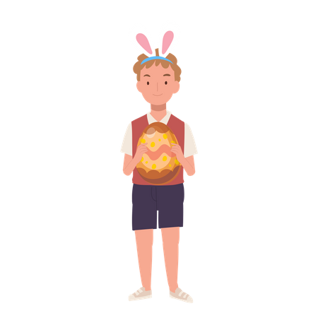 Little boy with bunny ears is holding a big Easter egg  Illustration