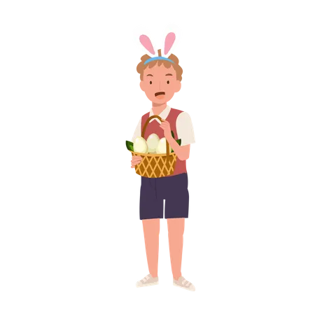 Little boy with bunny ears showing fully basket from hunting an easter egg Illustration
