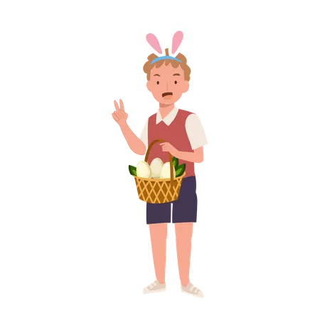 Little boy with bunny ears showing fully basket from hunting an easter egg  Illustration