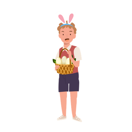 Little boy with bunny ears showing fully basket from hunting an easter egg  Illustration