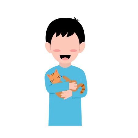 Little Boy With Cat  Illustration