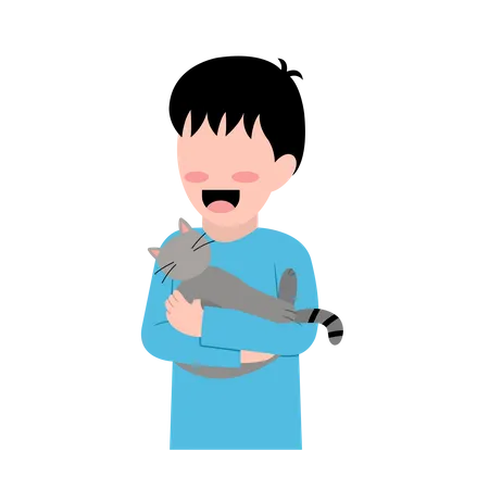 Little Boy With Cat Illustration
