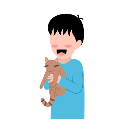 Little Boy With Cat Illustration