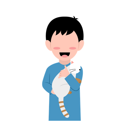 Little Boy With Cat  Illustration