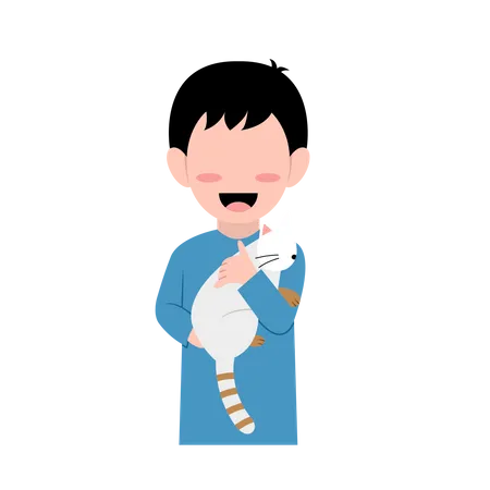 Little Boy With Cat  Illustration