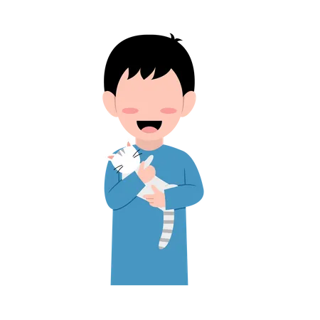 Little Boy With Cat  Illustration