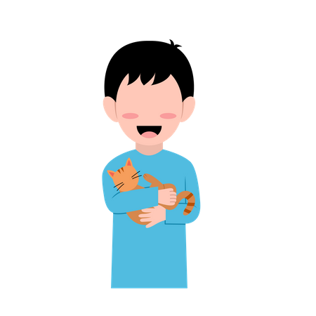 Little Boy With Cat  Illustration
