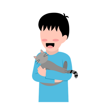Little Boy With Cat  Illustration