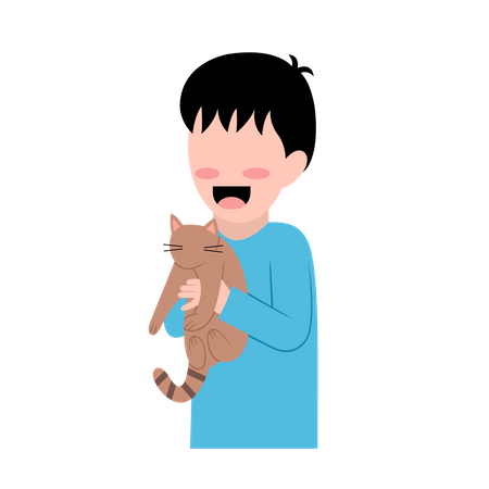 Little Boy With Cat  Illustration