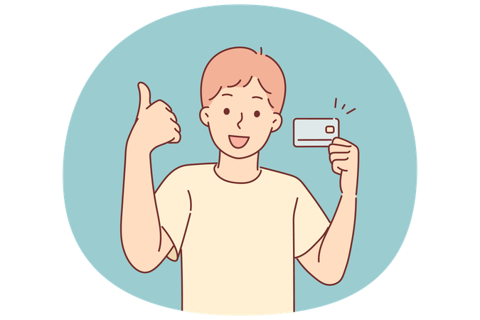 Little boy with credit card shows thumbs up recommending to start using banking services  Illustration