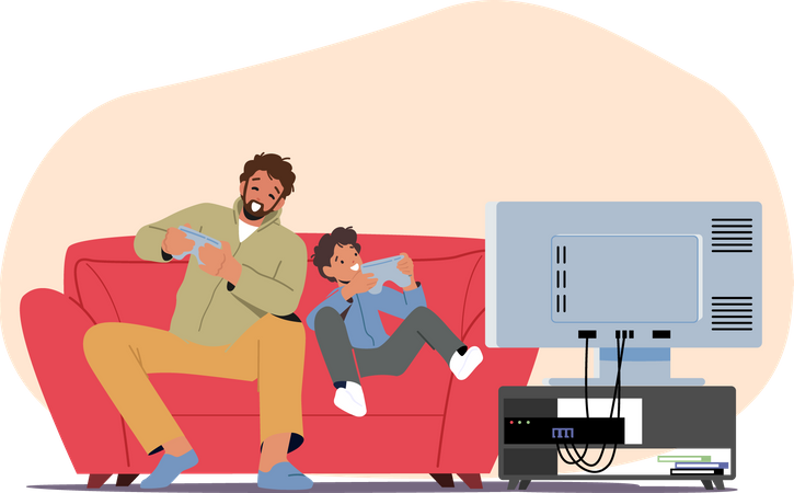 Little Boy with Dad Playing Video Games Illustration