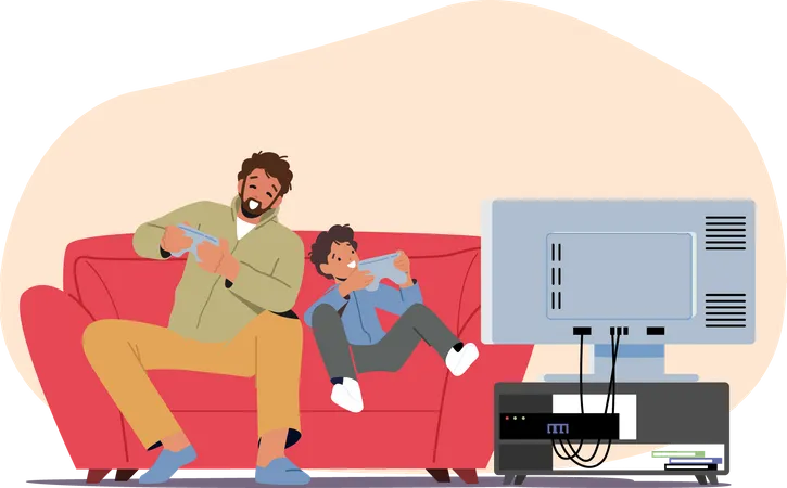 Little Boy with Dad Playing Video Games Illustration