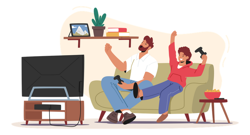 Little Boy With Dad Playing Video Games  Illustration