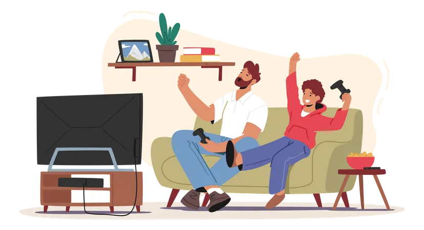 Little Boy With Dad Playing Video Games  Illustration