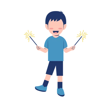 Little Boy with Fireworks  Illustration