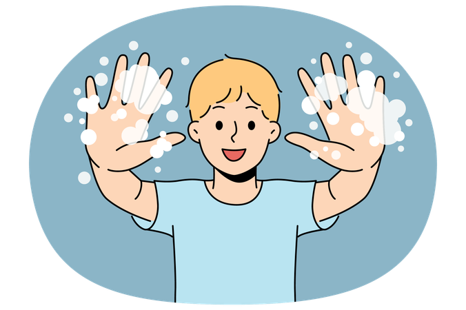 Little boy with foam shows soapy palms while recommending washing hands and following hygiene rules  Illustration