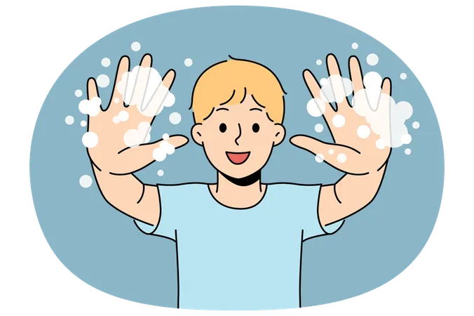 Little boy with foam shows soapy palms while recommending washing hands and following hygiene rules  Illustration