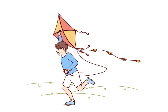 Little boy with kite runs through meadow enjoying summer walk with favorite toy  Illustration