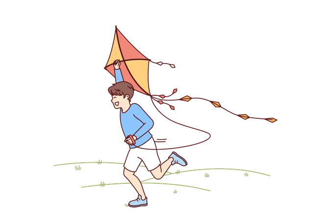 Little Boy With Kite Runs Through Meadow Enjoying Summer Walk With Favorite Toy Happy Kid Laughing While Flying Kite For Concept Of Carefree Childhood And Teen Outdoor Activity Illustration