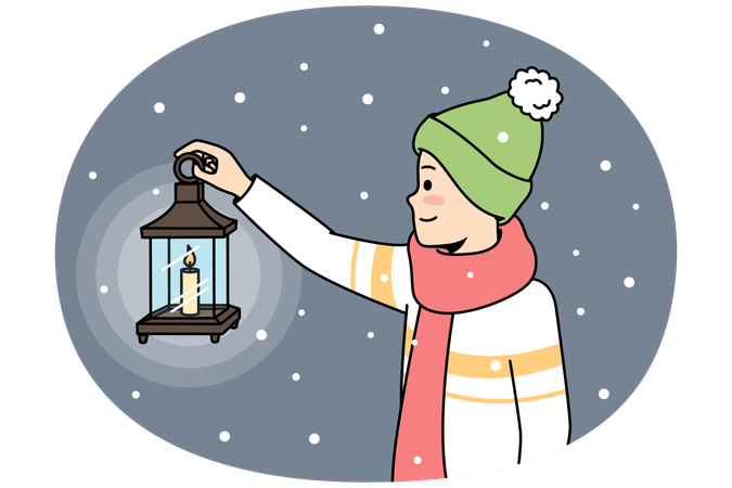 Little boy with lantern walking in darkness  Illustration