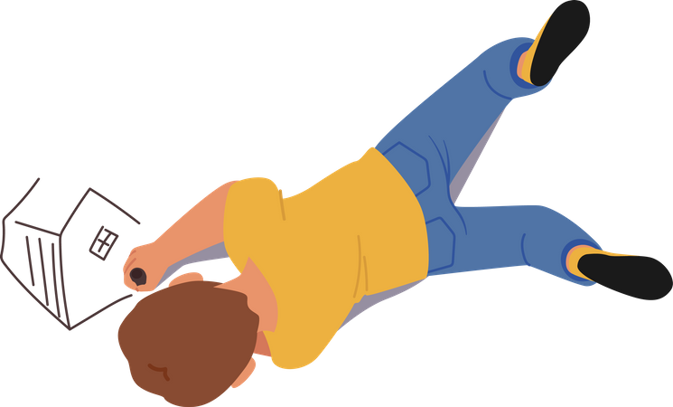 Little Boy with Pencil Enjoy Drawing Recreation. Kid Painting, Baby Character Create Pictures Lying on Floor Top View  イラスト