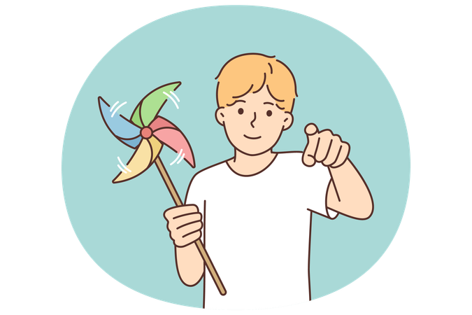 Little boy with pinwheel points finger at screen  Illustration