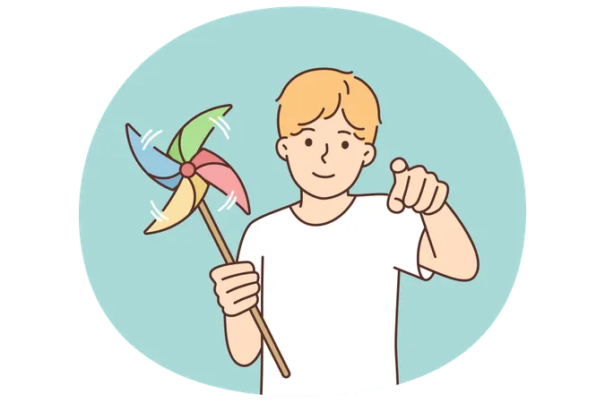 Little boy with pinwheel points finger at screen  Illustration
