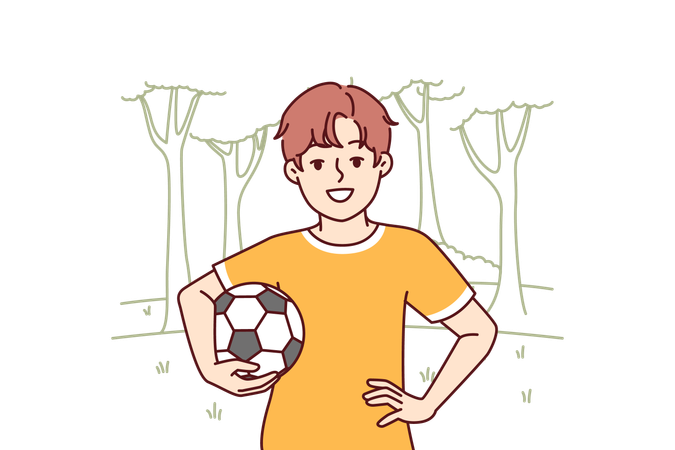 Little boy with soccer ball enjoys outdoor recreation and with smile looks at screen  Illustration