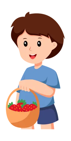 Little Boy With Strawberry Basket  Illustration