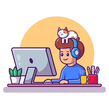 Little boy working on computer  Illustration