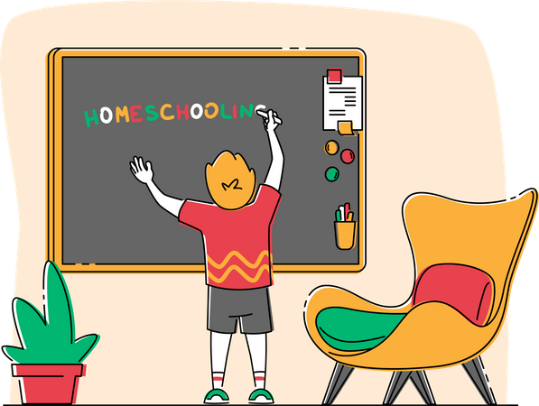 Little Boy Writing Word Homeschooling on Chalkboard in Classroom Illustration