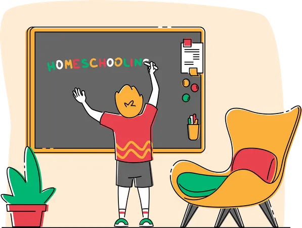 Little Boy Character Writing Word Homeschooling On Chalkboard In Classroom Education And Getting Knowledge At Home Concept Distant Learning Process Domestic Studying Linear Vector Illustration Illustration