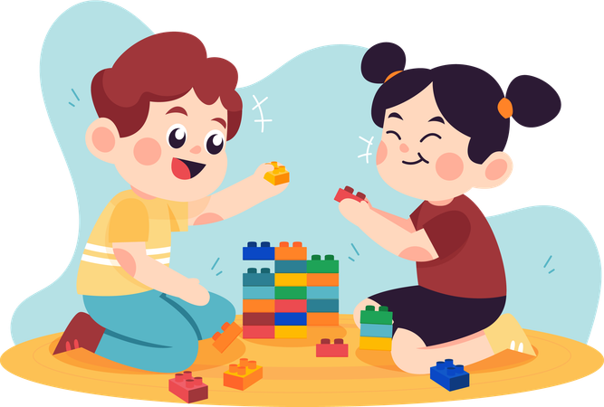 Little brother and sister playing puzzle  Illustration