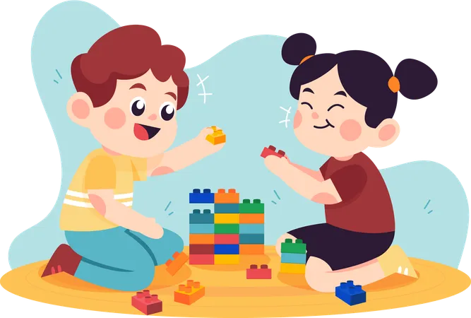 Little brother and sister playing puzzle  Illustration