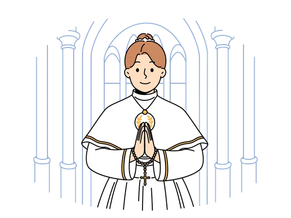 Little catholic girl taking part in first holy communion and stands in temple making prayer gesture  Illustration