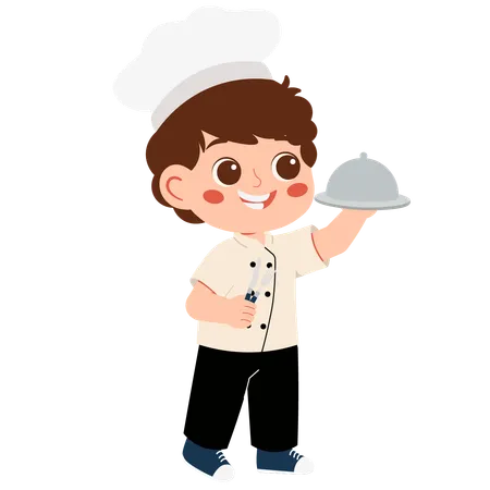 Little Chef Boy Brings Meat  Illustration