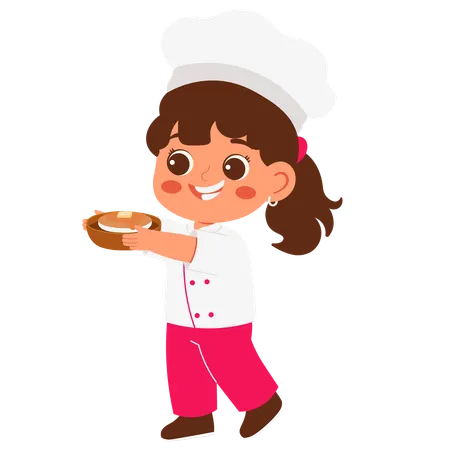 Little Chef Girl Brings Cake  Illustration