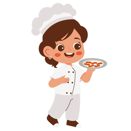 Little Chef Girl Brings Sausages  Illustration