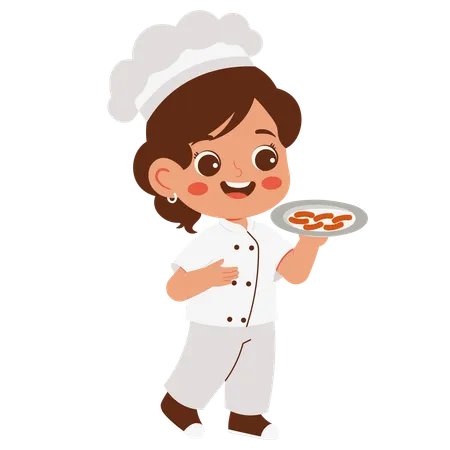 Little Chef Girl Brings Sausages  Illustration