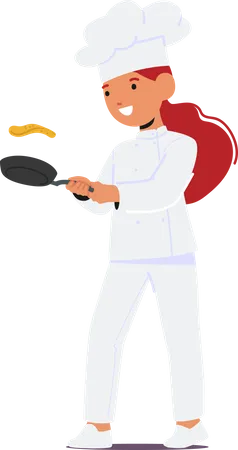 Little Chef Girl With Flips Pancakes In Sizzling Pan  Illustration